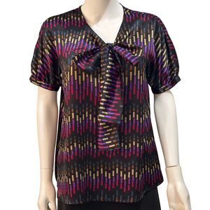 Worthington M Multicolor Geometric Vertical Print Blouse with Self-Tie Bow